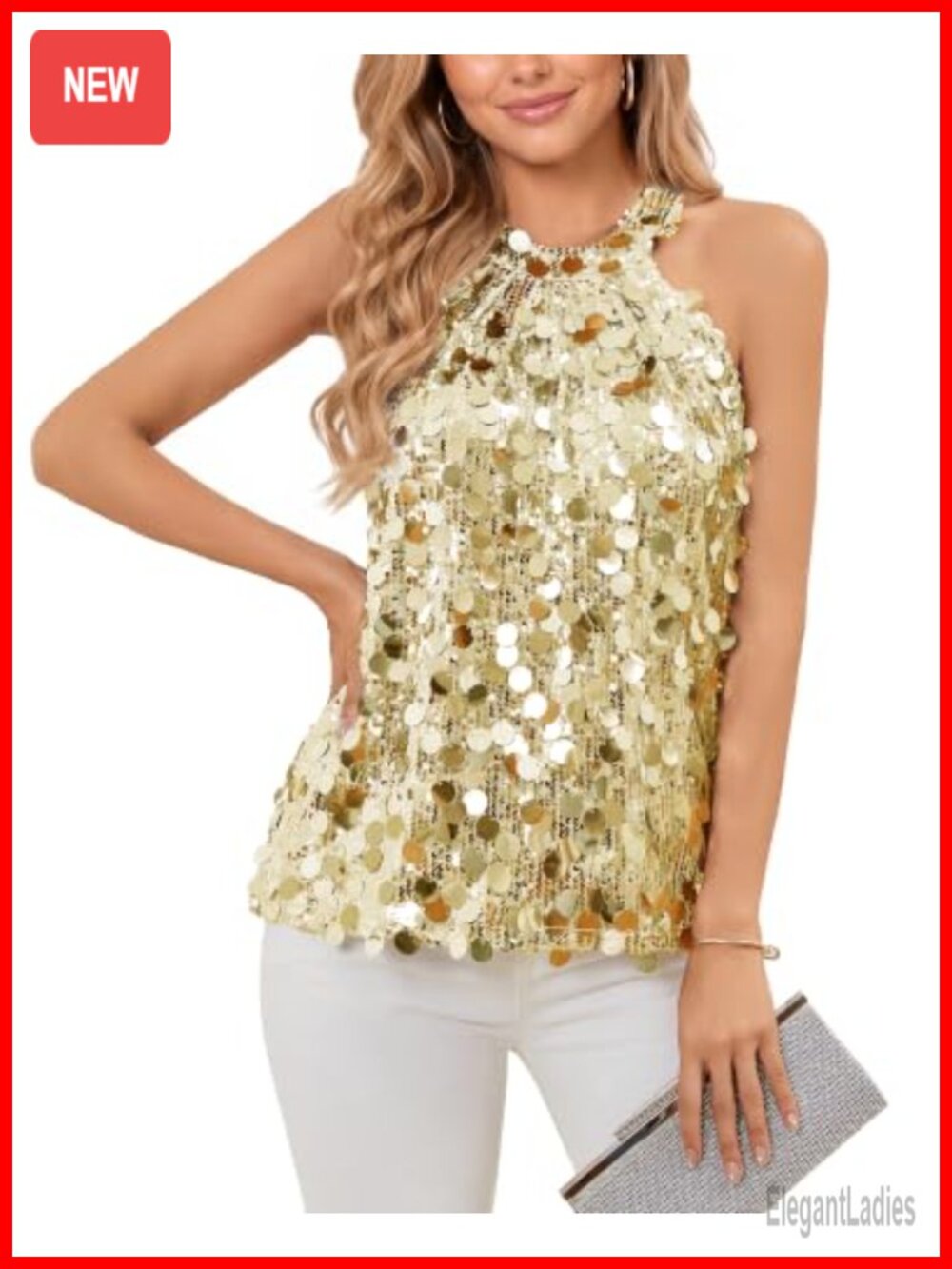 Sequin Halter Tank Top Sleeveless Sparkly Club